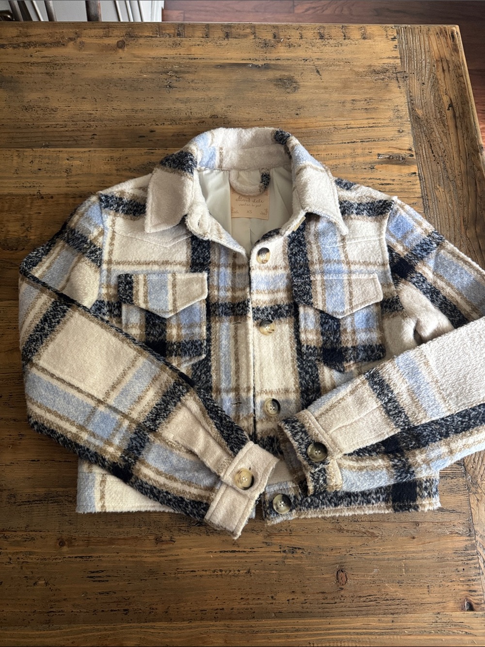 NWOT! Altard  State Cozy Navy, cream & light blue plaid Jacket never worn!